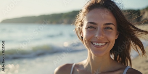 Smiling woman at the beach, lifestyle, sunny, summer and vacation concept