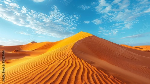 The Sahara desert dunes are surrounded by blue skies with waves of sand