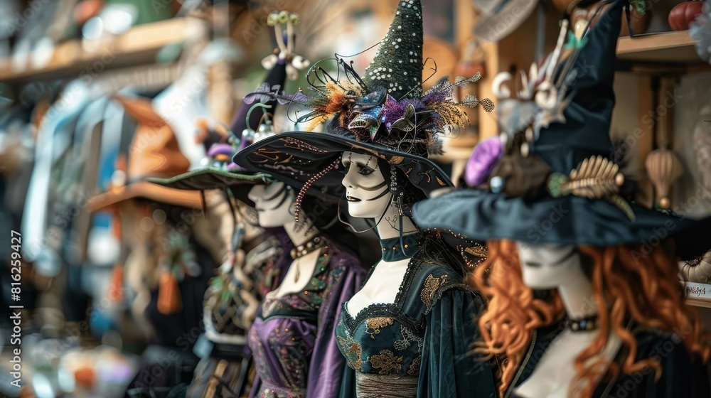 A creative display of homemade witch costumes at a Halloween craft fair, showcasing a variety of styles from menacing to whimsical, Close up A creative display of homemade witch costumes at a Halloween craft fair, showcasing a variety of styles from menacing to whimsical, Close up