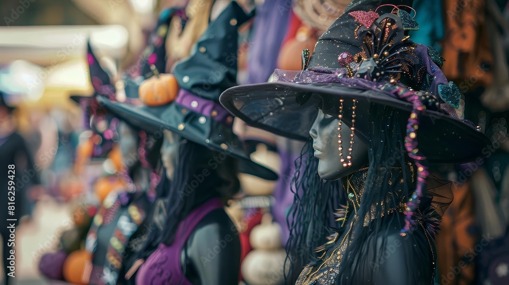 A creative display of homemade witch costumes at a Halloween craft fair, showcasing a variety of styles from menacing to whimsical, Close up A creative display of homemade witch costumes at a Halloween craft fair, showcasing a variety of styles from menacing to whimsical, Close up