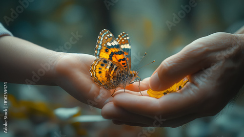 An Elderly Hand And A Young Child's Hand Together Cradle A Colorful Butterfly, Cross-Generational Connection And The Beauty Of Nature