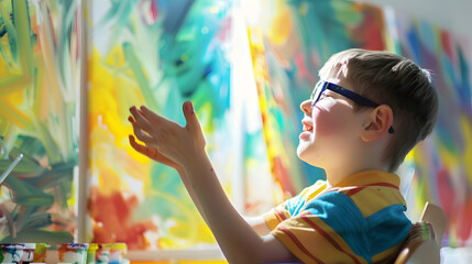 The teacher claps her hands and rejoices at the small victory of her student boy with down syndrome at painting studio for special need children Development of children with spesial ne : Generative AI