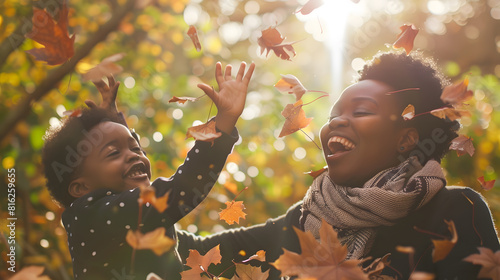 Happy african american mother and son throwing leaves in garden motherhood childhood togetherness autumn and leisure unaltered : Generative AI photo
