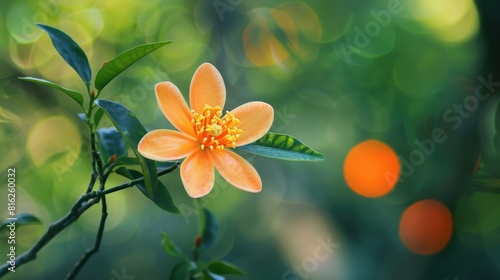 Blooming orange tree flower against a natural backdrop