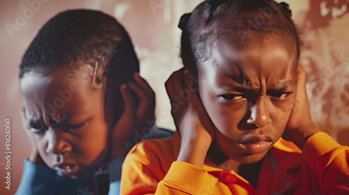 Upset african kids closing ears hurt by parents fighting arguing at home sad stressed little innocent children suffer from family problems conflicts unhappy mom dad shouting quarreling : Generative AI
