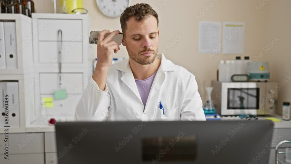 A stressed young man wearing a lab coat takes a break in a hospital laboratory, showing signs of fatigue while using a smartphone. A stressed young man wearing a lab coat takes a break in a hospital laboratory, showing signs of fatigue while using a smartphone.