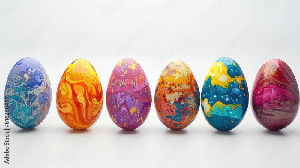 Flawless vibrant handcrafted Easter eggs set against a white background Flawless vibrant handcrafted Easter eggs set against a white background