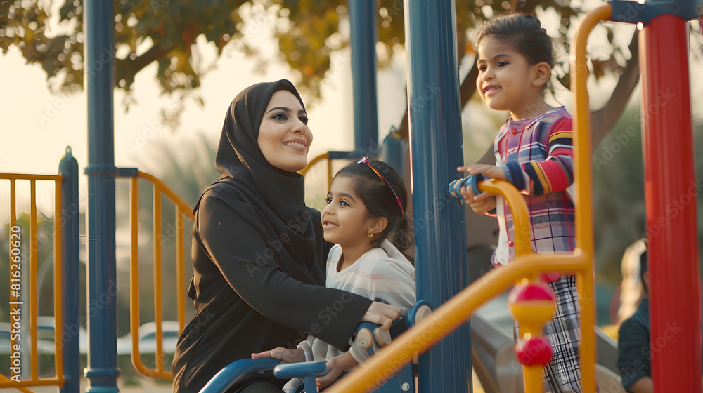 Obraz premium Cinematic image of a woman from the emirates with her children having fun at the playground : Generative AI