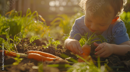 Happy little boy helps family to harvest of organic homegrown vegetables at backyard of farm Child eating a fresh carrot and having fun Healthy vegetarian food Local business Harvestin : Generative AI photo