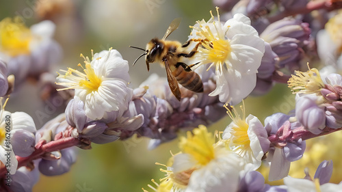 Bee wandering among flowers collecting honey, Generative AI