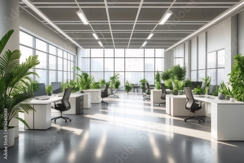 spacious open space office with modern furniture  office chairs  work desks  green natural plants and led lighting  workspace organization concept