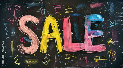 Colorful "SALE" typography on a chalkboard background with artistic doodles