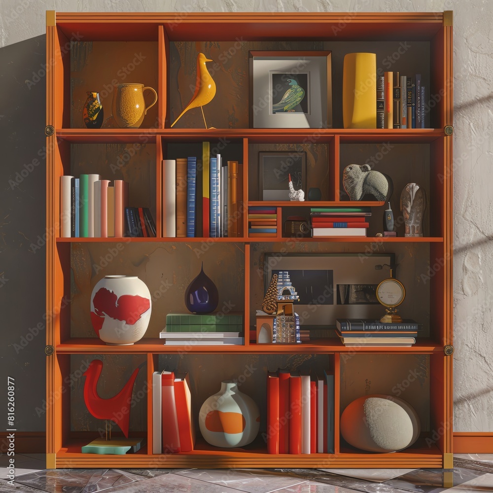 Create a 3D rendering of a bookshelf filled with colorful books, vases, and other knick-knacks Create a 3D rendering of a bookshelf filled with colorful books, vases, and other knick-knacks