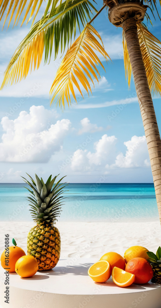Pineapple and oranges on a podium with a seaside and palm tree in the background Summertime template Vacation Vertical Generative AI Pineapple and oranges on a podium with a seaside and palm tree in the background Summertime template Vacation Vertical Generative AI