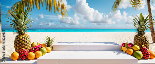 Empty product podium with tropical flowers  fruits and pineapples on a white sand seashore background and palm leaves Summertime template Vacation Generative AI