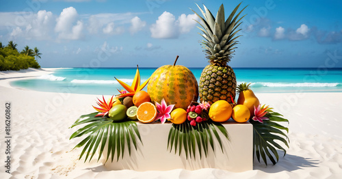 Tropical fruits on podium with ocean background with palm tree leaves Pineapple and tropical fruit on the beach Generative AI