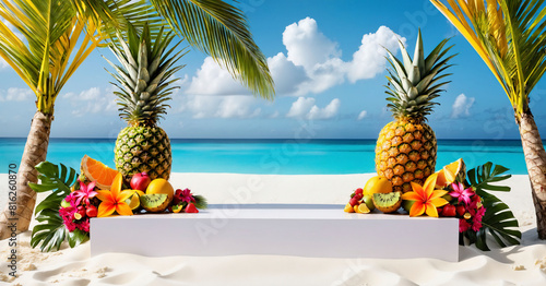 White product podium on white sand Pineapple and tropical fruit Flowers on the beach with palm tree leaves Ocean view background Poster Banner Template Generative AI