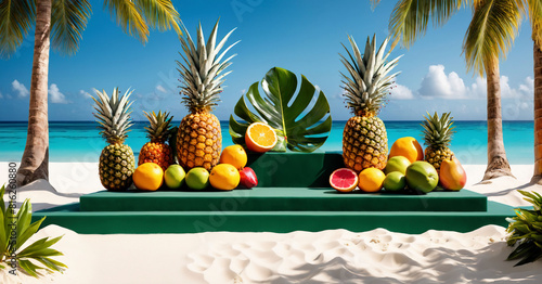 Green product podium on white sand Pineapple and tropical fruit on the beach with palm tree leaves Ocean view background Poster Banner Template 
 Generative AI