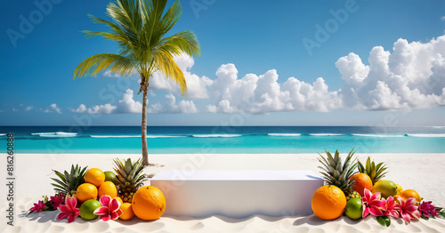 White product podium on beach with palm trees and ocean Surrounded by tropical flowers and fruits Pineapple Poster Social Template Background Generative AI