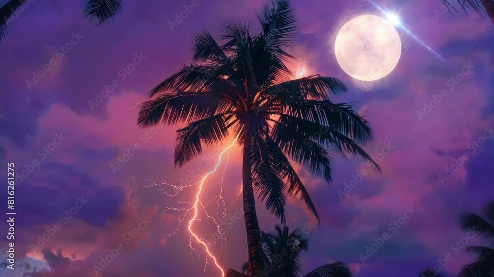 A beautiful view when on a full moon night there is a flash of lightning that strikes a coconut tree. seamless looping time-lapse virtual video Animation Background. A beautiful view when on a full moon night there is a flash of lightning that strikes a coconut tree. seamless looping time-lapse virtual video Animation Background.