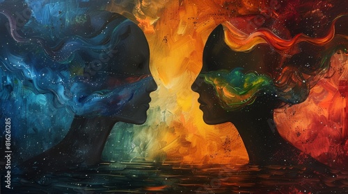 metaphysical connection, two minds share a vibrant spectrum of ideas, embodying the metaphysical bond of exchanging thoughts through colorful flow photo