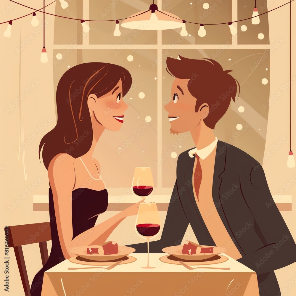 A couple is sitting at a table, drinking wine and eating. They are both smiling and look happy. The background is dark and there are lights hanging from the ceiling. A couple is sitting at a table, drinking wine and eating. They are both smiling and look happy. The background is dark and there are lights hanging from the ceiling.