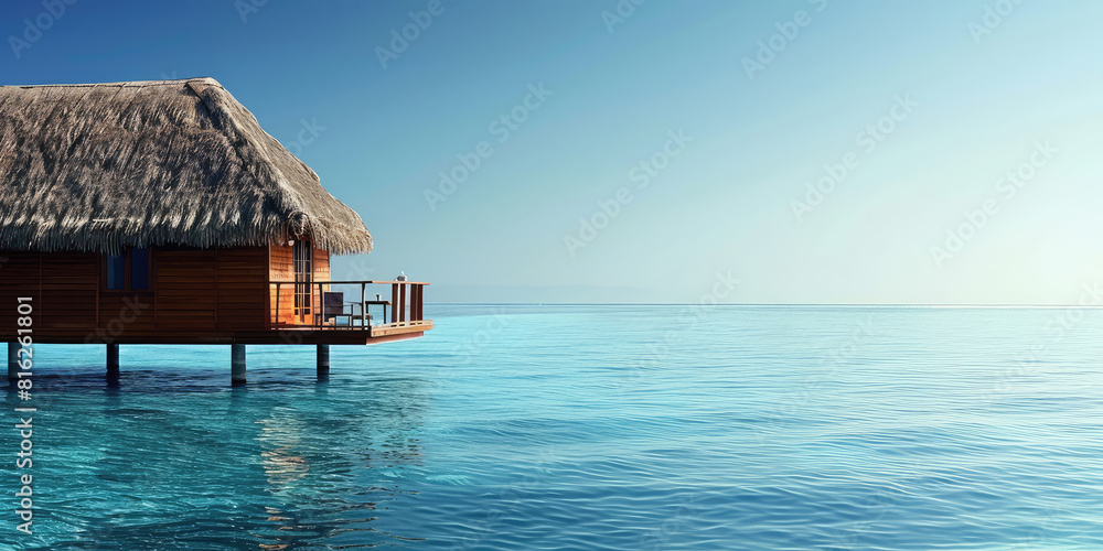 Bungalow in the middle of clear blue water at a tropical resort, an exotic vacation. 