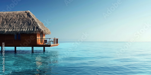Bungalow in the middle of clear blue water at a tropical resort  an exotic vacation. 