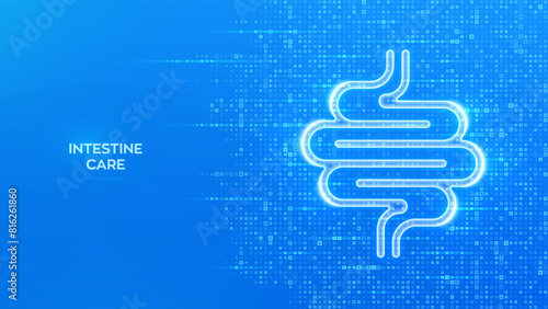 Intestine icon. Intestine health. Diagnosis, treatment of the bowel. Intestinal inflammation, colitis, dysbacteriosis. Blue medical background made with cross shape symbol. Vector illustration.