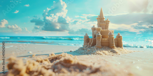 Close-up Sandcastle on the beach, sea, summer, copy space.