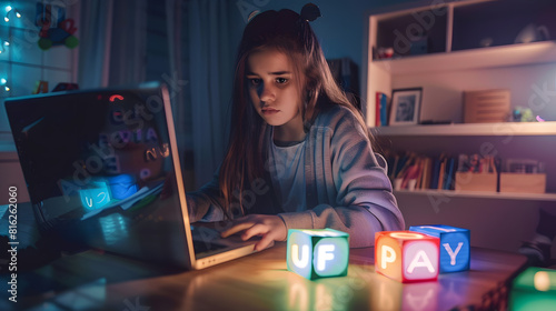 In the school classroom a teenage girl sits at a table with a laptop showing cubes with the alphabet to the camera Interactive foreign language training in the classroom : Generative AI photo