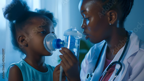 Young African female Doctor helping to little girl with nebulizer mask Medical doctor applying medicine inhalation treatment on a little girl with asthma inhalation therapy by the mask : Generative AI