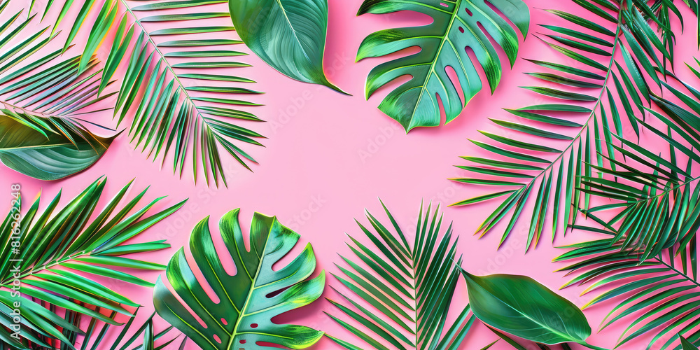 Tropical bright colorful background surface with exotic tropical palm leaves and copy space. Minimal trendy summer backdrop. Tropical bright colorful background surface with exotic tropical palm leaves and copy space. Minimal trendy summer backdrop.