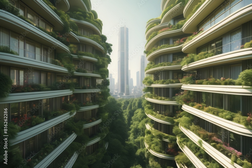 Green gardens on the balconies, city of the future, futuristic green city