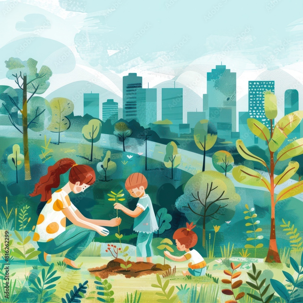 Mother and Child Planting Trees in a Modern Urban Park