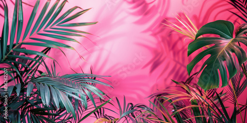 Tropical bright colorful background surface with exotic tropical palm leaves and copy space. Minimal trendy summer backdrop.