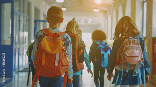 Back to school A group of schoolchildren with backpacks walk along the school corridor during recess Education and science concept : Generative AI photo