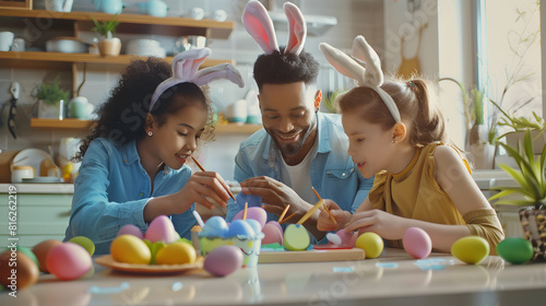 Joyful family wearing bunny ears headbands gathering at table in modern light kitchen and paining Easter eggs together : Generative AI