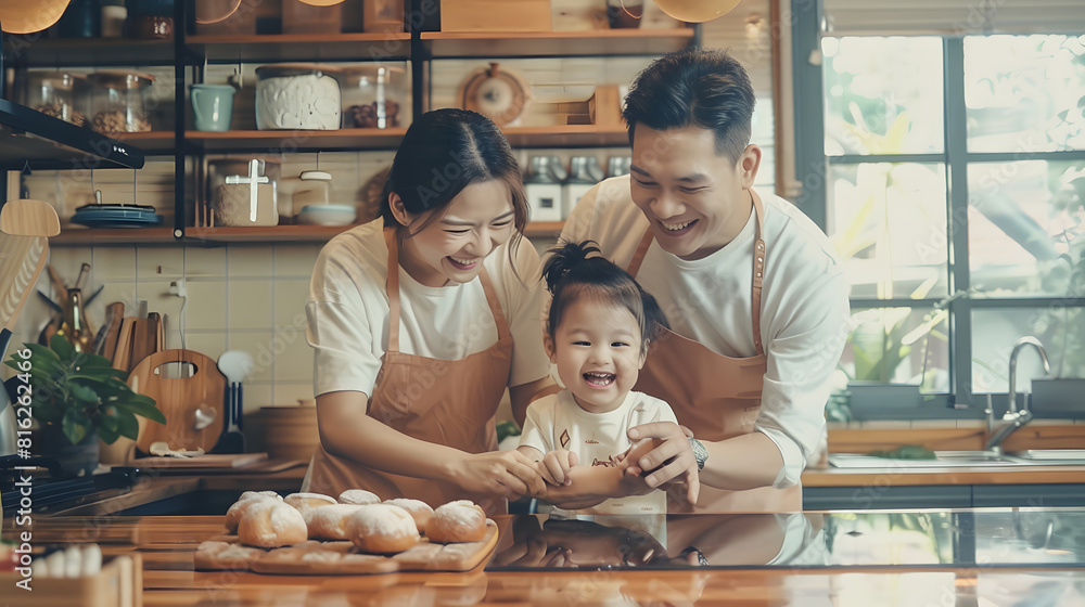 © Generative AI - Asian happy family stay at home in kitchen spend time together baking bakery and foods little kid with parents father and mother dancing and laughing enjoy parenting activity relations : Generative AI © Generative AI - Asian happy family stay at home in kitchen spend time together baking bakery and foods little kid with parents father and mother dancing and laughing enjoy parenting activity relations : Generative AI