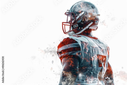 A double exposure photo of an American football player's back, with the field and stands behind him, isolated on a white background Generative AI © SKIMP Art