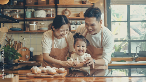 Asian happy family stay at home in kitchen spend time together baking bakery and foods little kid with parents father and mother dancing and laughing enjoy parenting activity relations : Generative AI