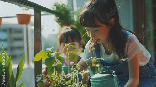 Happy daughter watering plants with her beautiful mom Girls in bright overall gardening on balcony : Generative AI photo