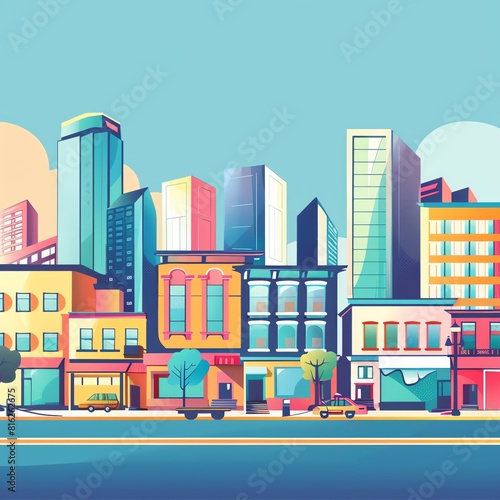 Create a colorful flat illustration of an urban city street with various buildings  shops  and cars. Use a vibrant color palette and keep the style simple and geometric.