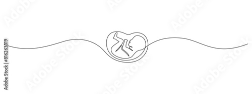 Baby embryo in womb in one continuous line drawing. Healthy pregnancy and premature symbol in simple linear style. Concept for Happy Mother day banner. Editable stroke. Doodle vector illustration