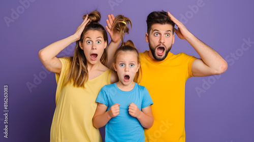 Young shocked sad amazed parents mom dad with child kid daughter girl 6 years old wear blue yellow casual clothes look camera hold scratch head isolated on plain purple background Fami : Generative AI photo