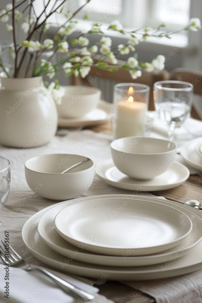 Elegant White Dinnerware on a Rustic Wooden Dining Table in a Bright Room