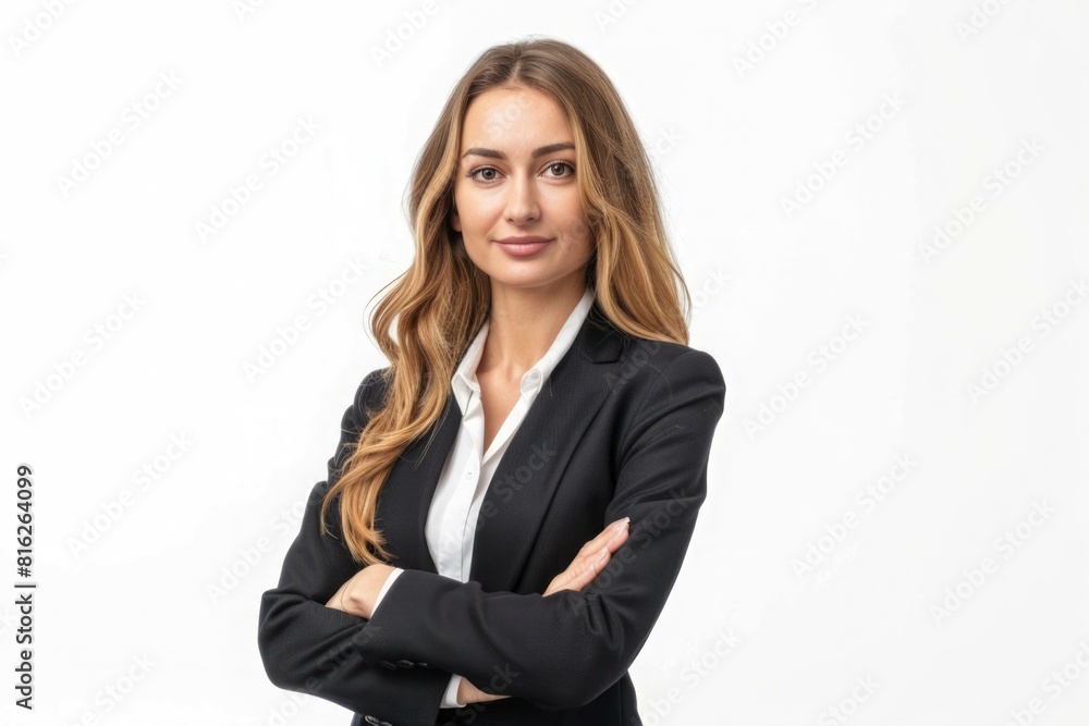 Caucasian successful confident young businesswoman ceo boss bank employee worker manager with arms crossed in formal wear isolated in white background Caucasian successful confident young businesswoman ceo boss bank employee worker manager with arms crossed in formal wear isolated in white background