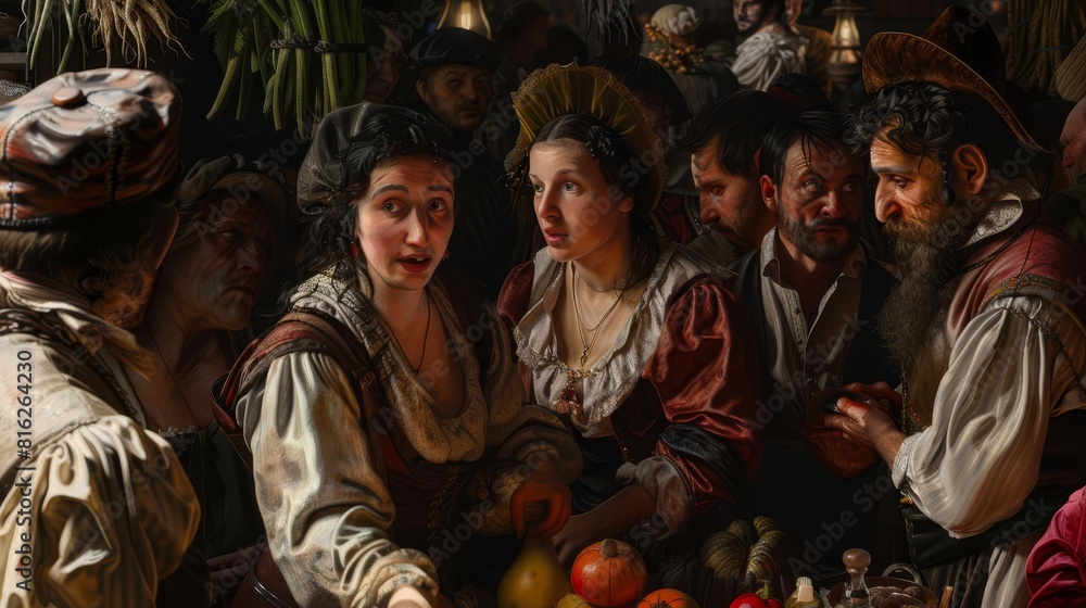 A detailed recreation of a bustling 17thcentury market scene painted in the Caravaggisti style, featuring vivid human expressions and dramatic lighting, Close up