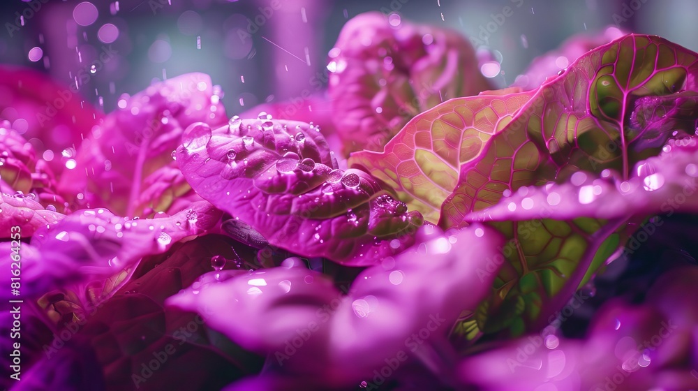 A detailed snapshot of a hydroponic system in a vertical farm, with water droplets reflecting purple lights onto delicate lettuce leaves, Close up A detailed snapshot of a hydroponic system in a vertical farm, with water droplets reflecting purple lights onto delicate lettuce leaves, Close up