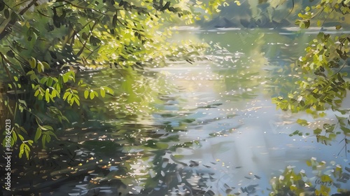 A detailed oil painting of a tranquil river scene  showcasing classical realism with a focus on natural light and meticulous brushwork  Close up